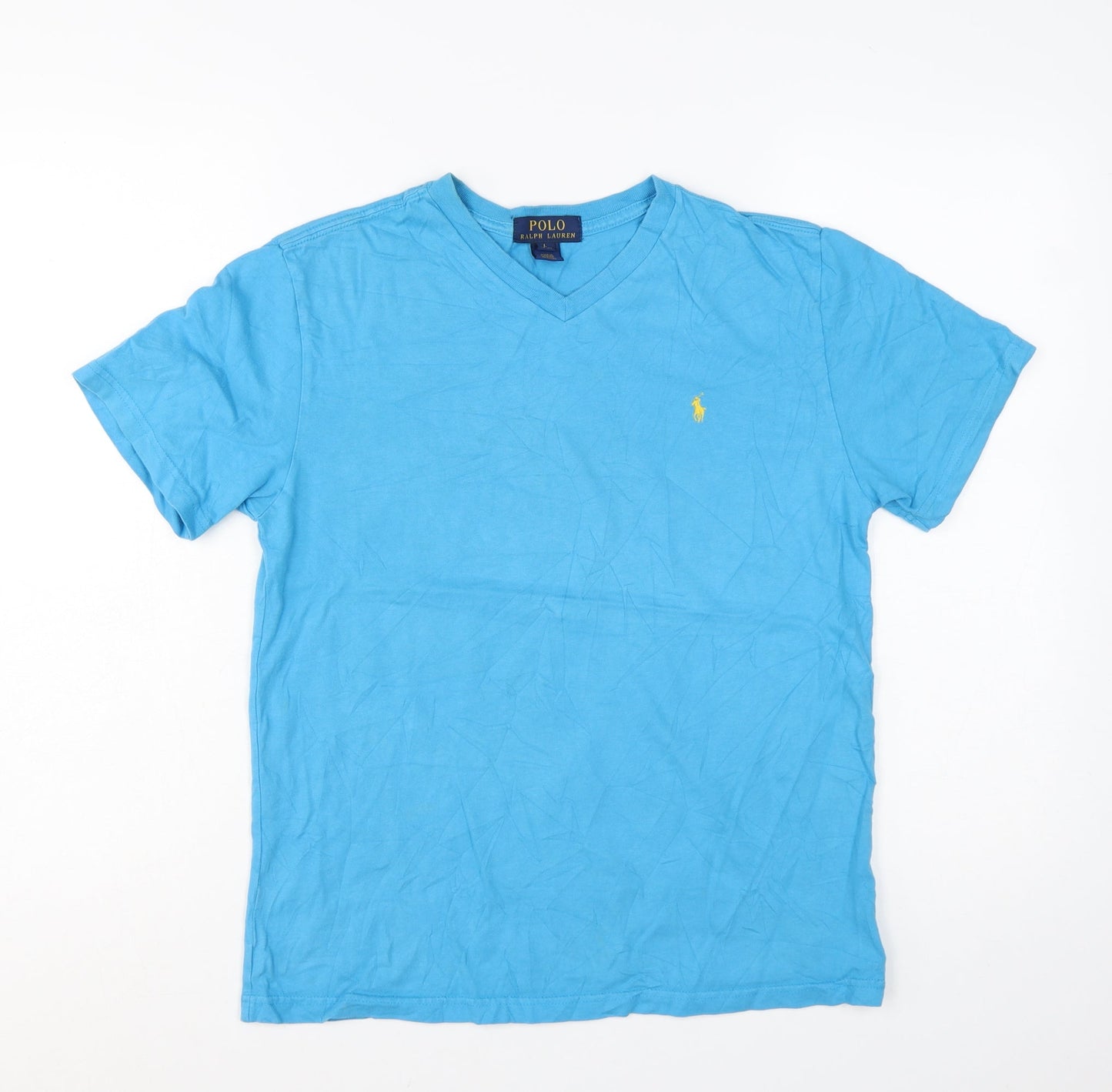 Ralph Lauren Boys Blue Cotton V-Neck Short Sleeve T-Shirt Size 14-16 Years