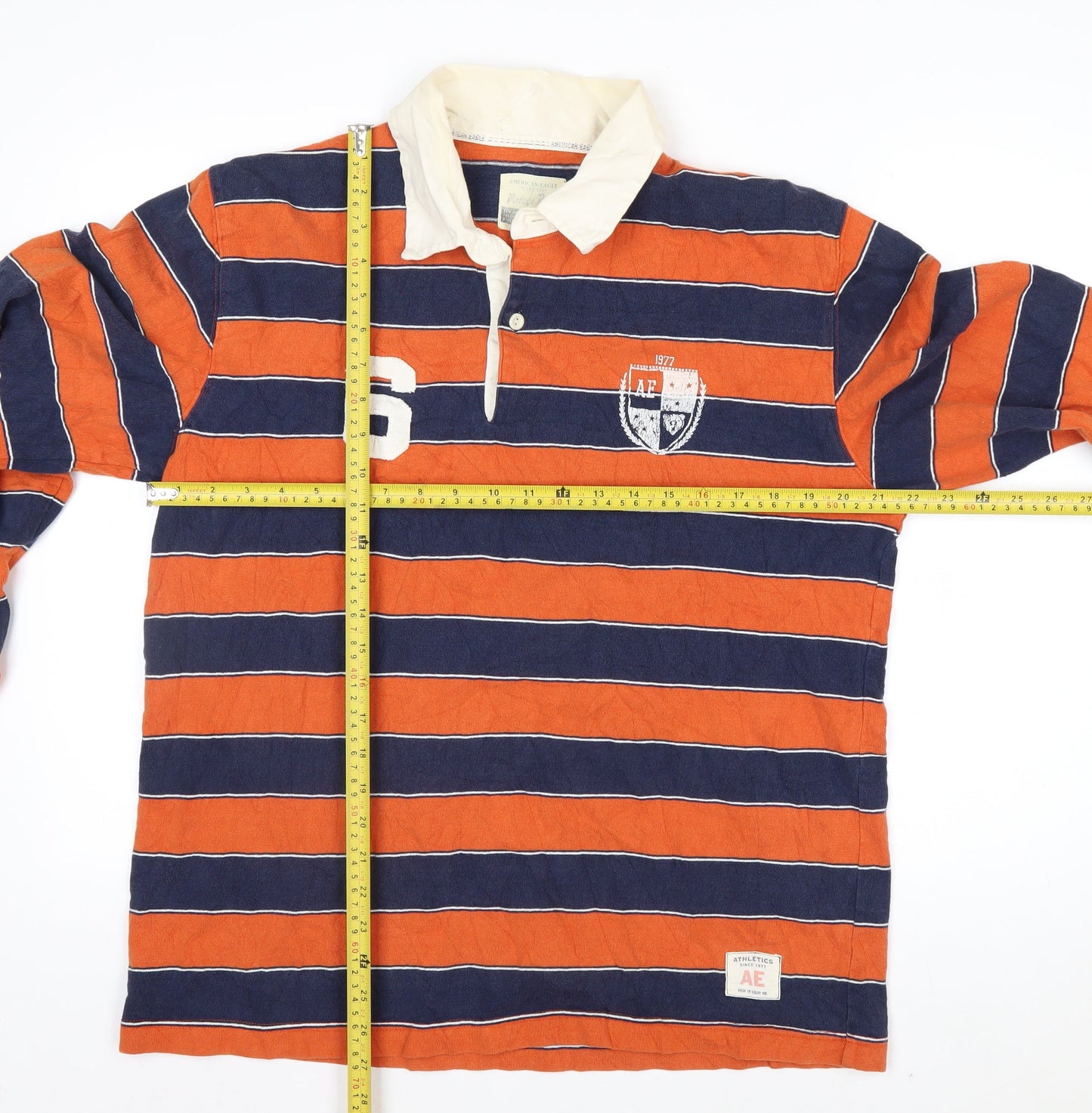American Eagle Men’s Orange & Blue Striped Rugby Shirt M