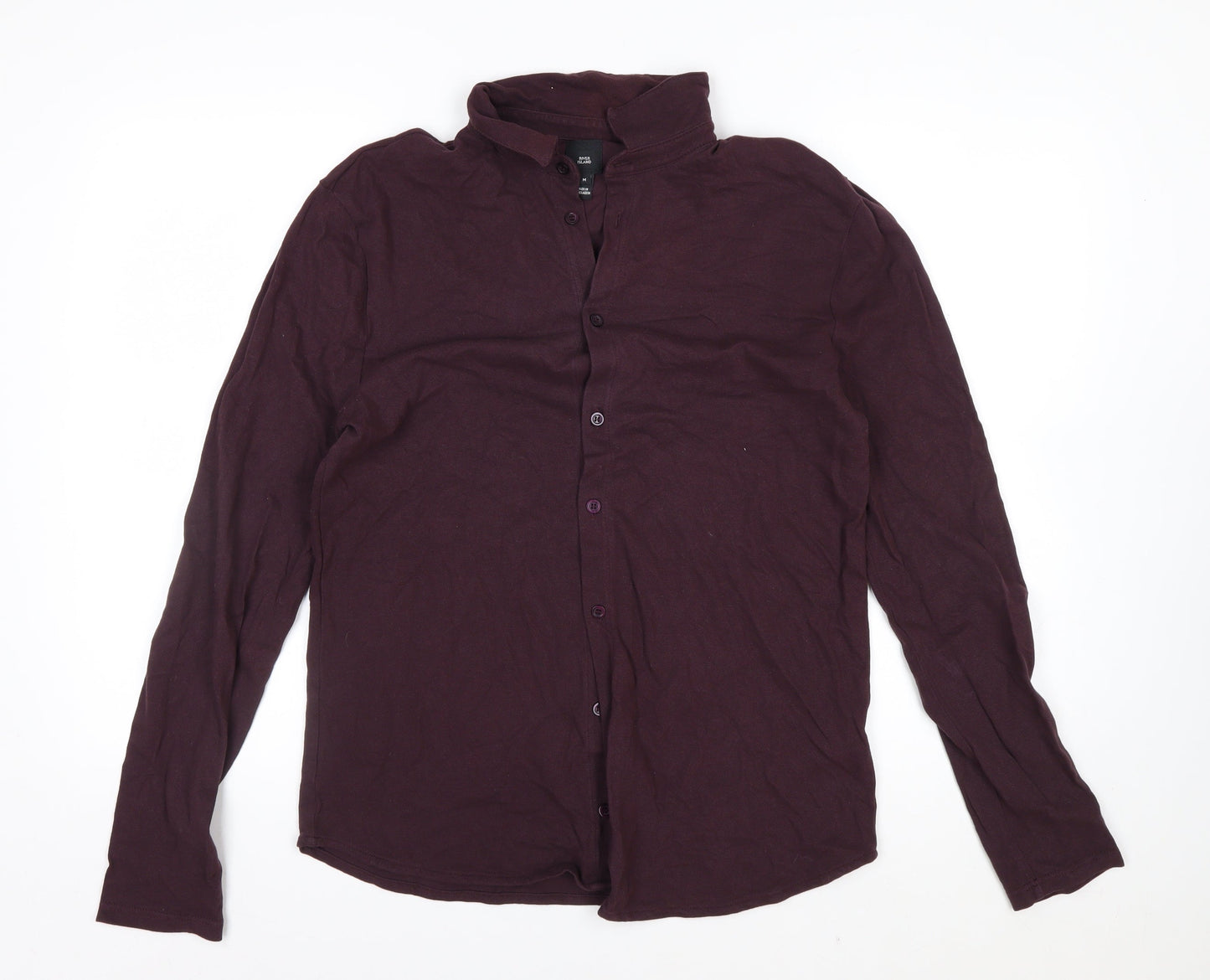 River Island Men's Purple Band Collar Long Sleeve Cotton Shirt M