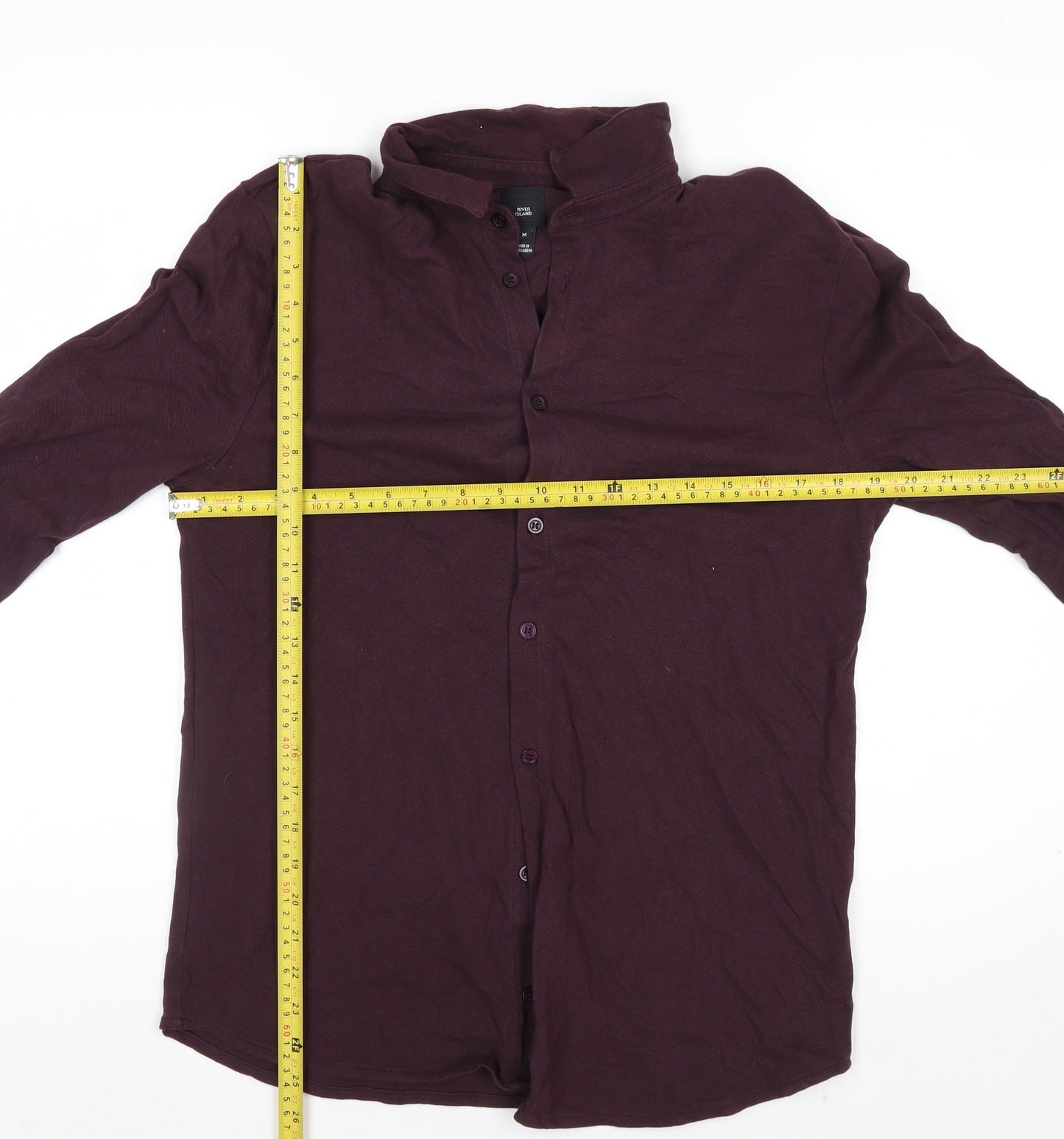 River Island Men's Purple Band Collar Long Sleeve Cotton Shirt M