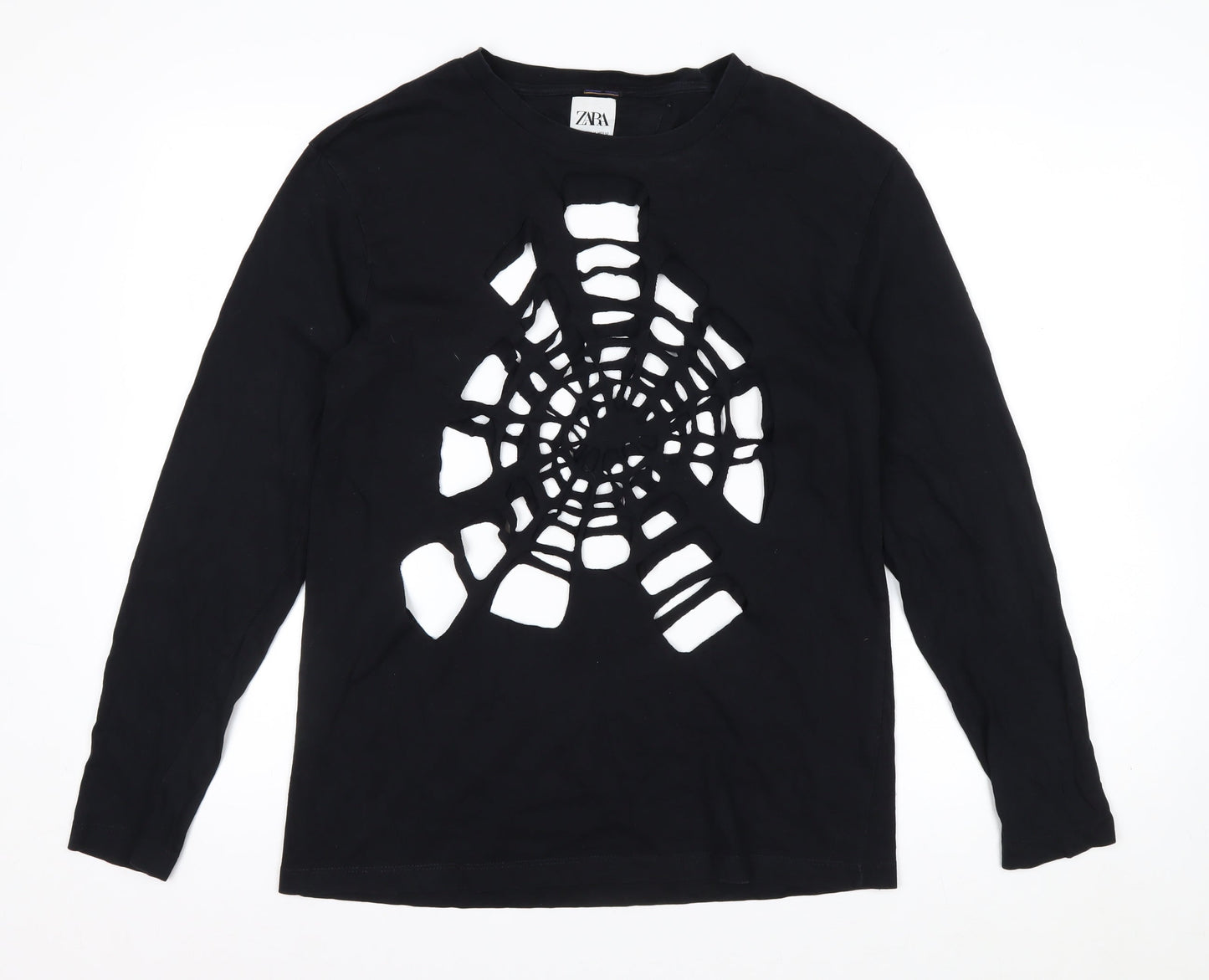 Zara Women Black Long Sleeve Cutout Spider Web Cotton Top Size 12