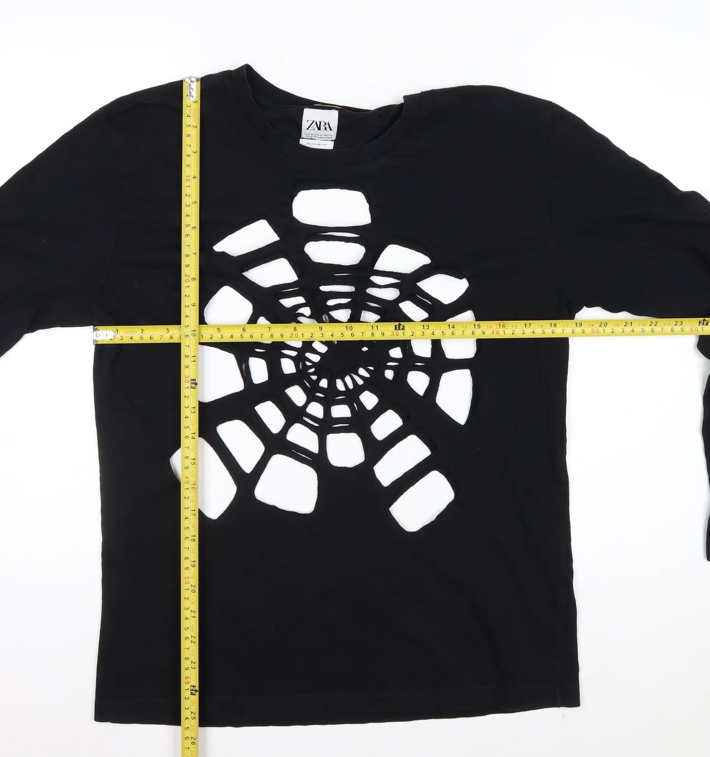 Zara Women Black Long Sleeve Cutout Spider Web Cotton Top Size 12