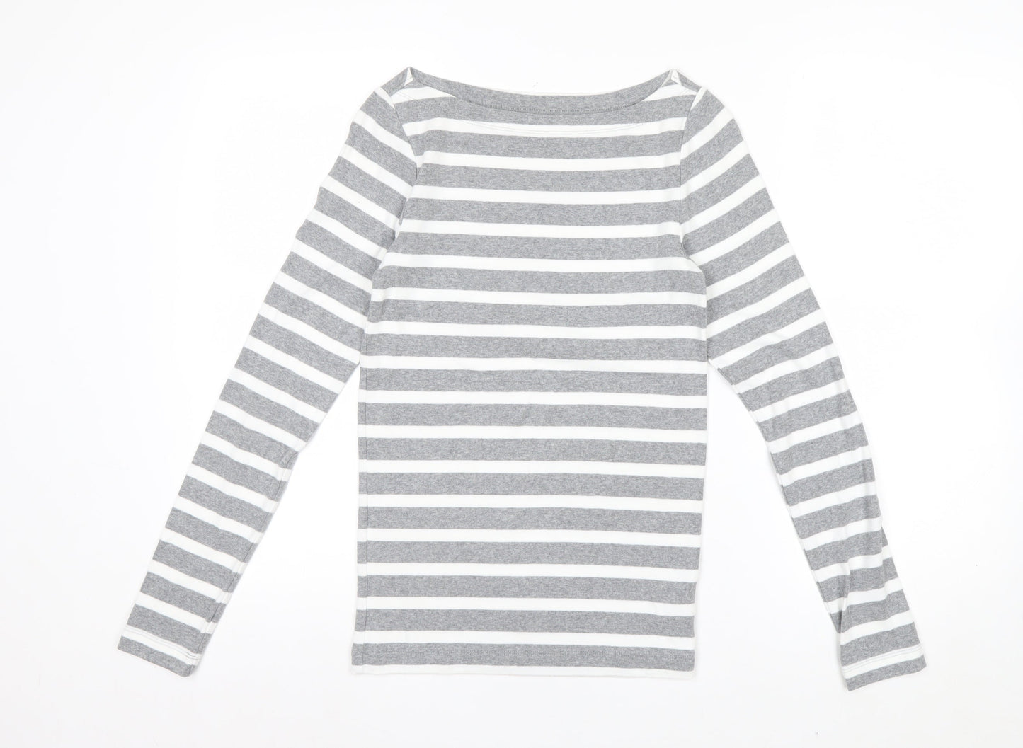 GAP Women Grey White Striped Boat Neck Long Sleeve T-Shirt Size S