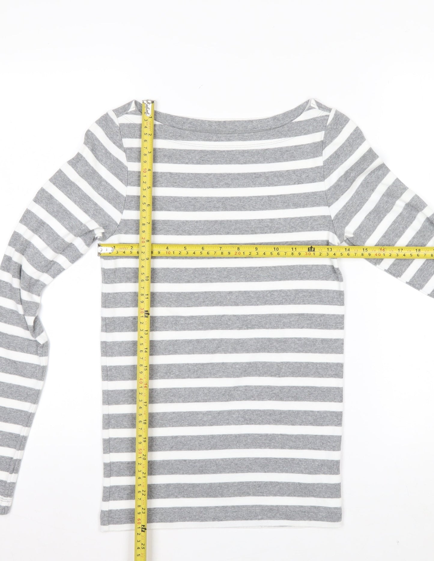 GAP Women Grey White Striped Boat Neck Long Sleeve T-Shirt Size S