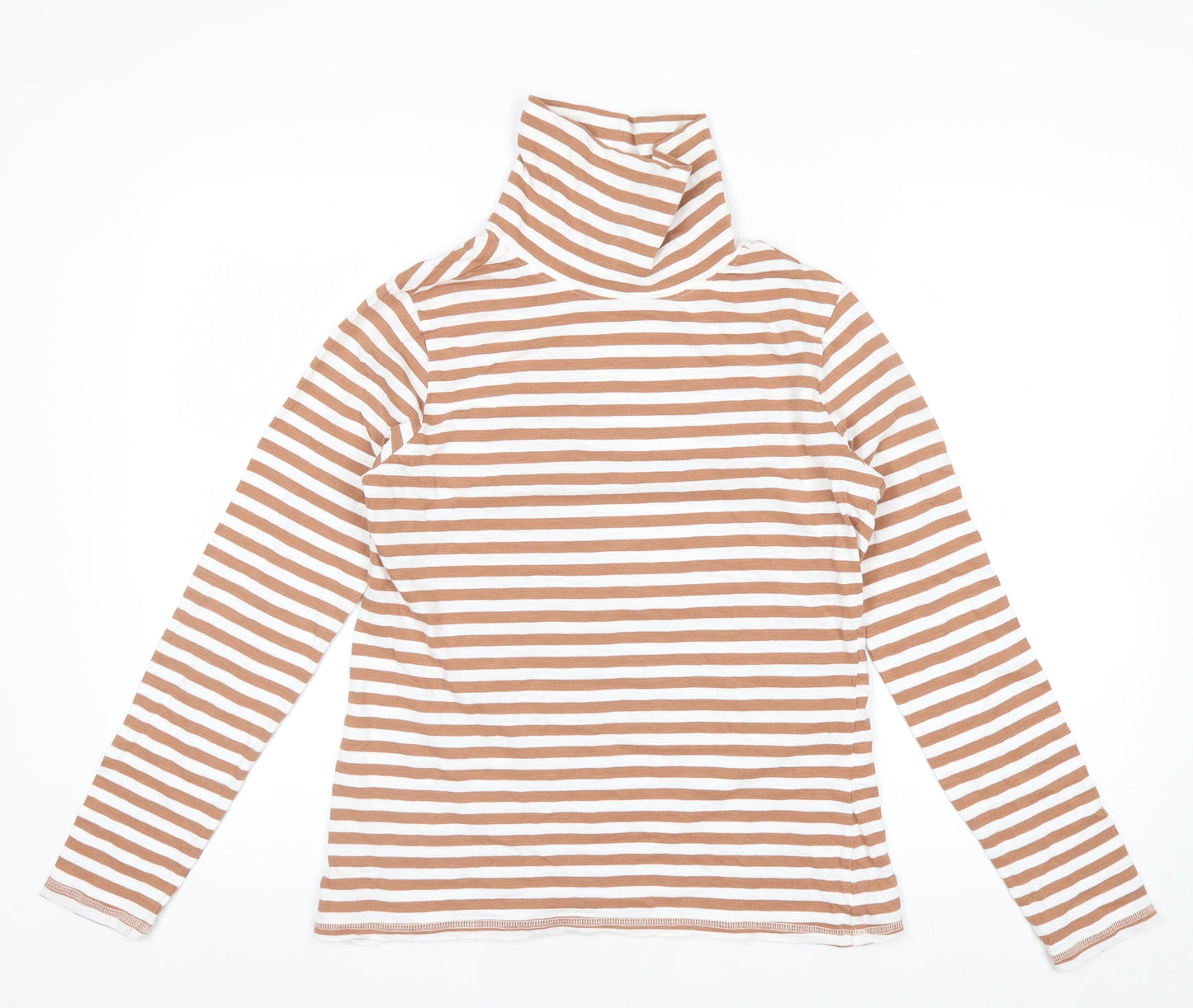 Thought Womens Brown White Striped Roll Neck Long Sleeve Organic Cotton Top Size 12