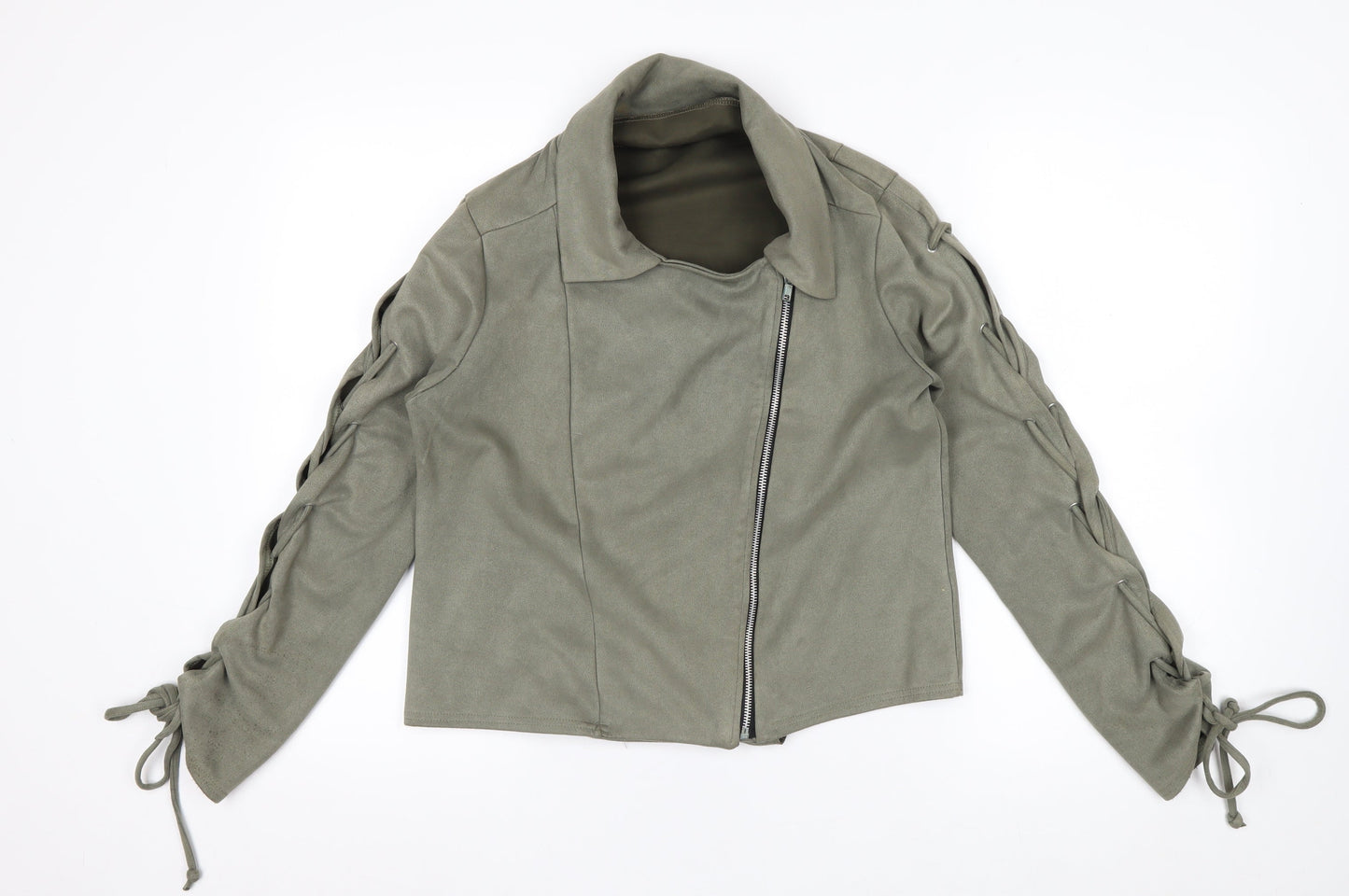 Boohoo Women’s Green Size 12 Biker Zip Lace Up Jacket