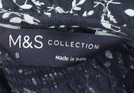 Marks and Spencer Women's Blue Floral High Neck Cotton Blouse Size 8