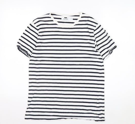 Topman Men's White & Navy Striped Short Sleeve Cotton T-Shirt Size S
