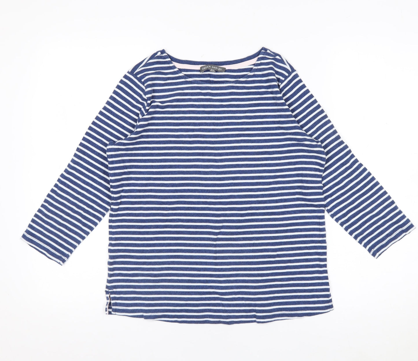 Laura Ashley Women Blue Striped 3/4 Sleeve Cotton T-Shirt UK 10