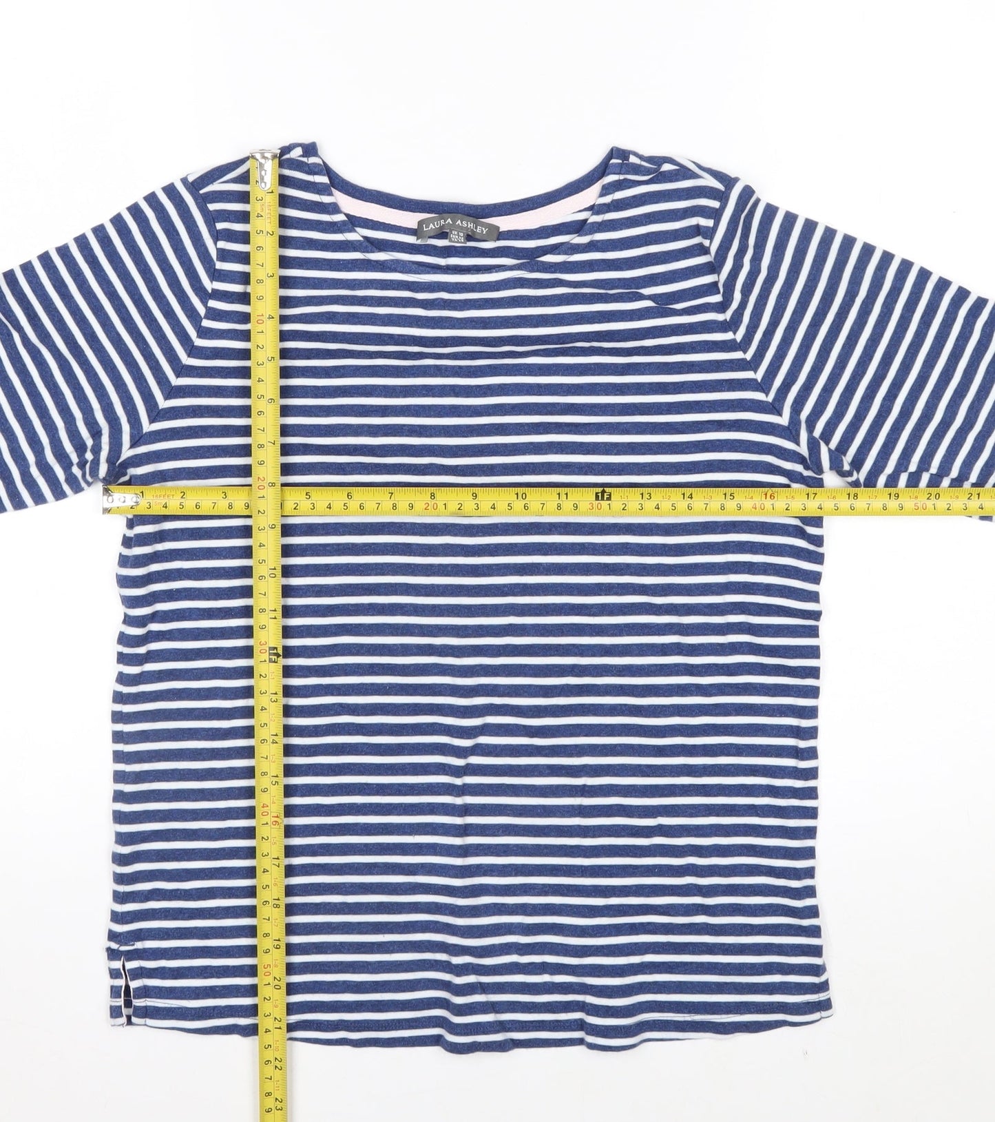 Laura Ashley Women Blue Striped 3/4 Sleeve Cotton T-Shirt UK 10