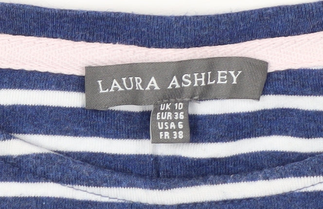 Laura Ashley Women Blue Striped 3/4 Sleeve Cotton T-Shirt UK 10