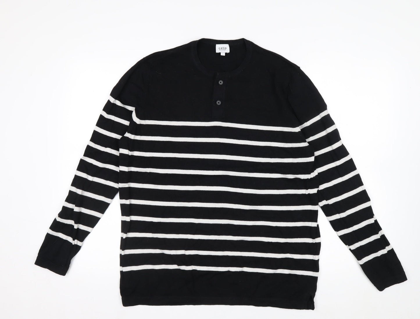 Celio Men's Black Striped L Henley Jumper Cotton Knit