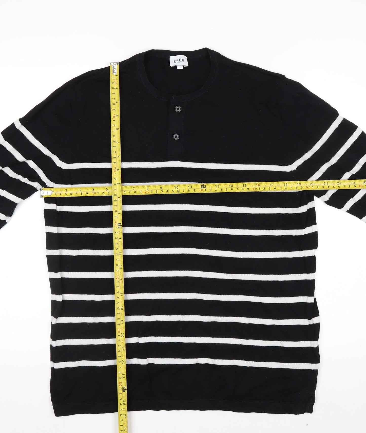 Celio Men's Black Striped L Henley Jumper Cotton Knit
