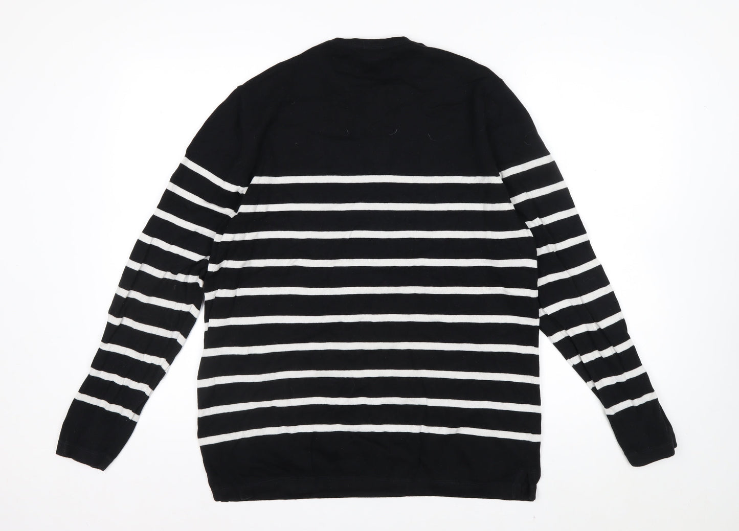 Celio Men's Black Striped L Henley Jumper Cotton Knit