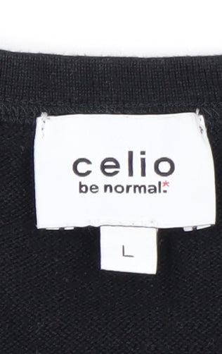 Celio Men's Black Striped L Henley Jumper Cotton Knit
