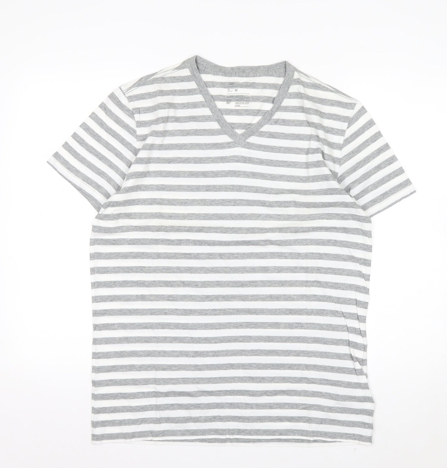 Gap Men's Grey White Striped V-Neck Cotton T-Shirt Size M