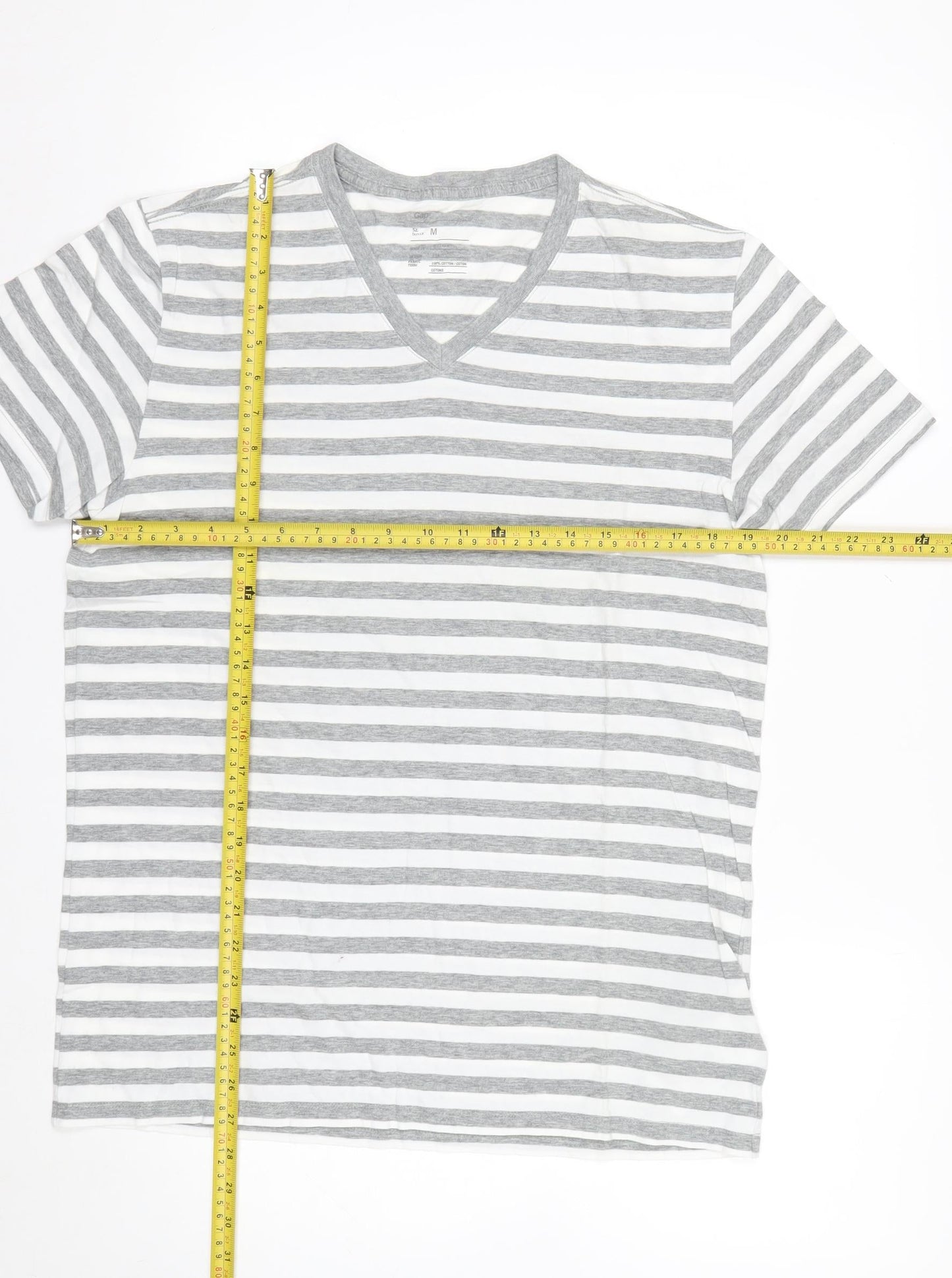 Gap Men's Grey White Striped V-Neck Cotton T-Shirt Size M