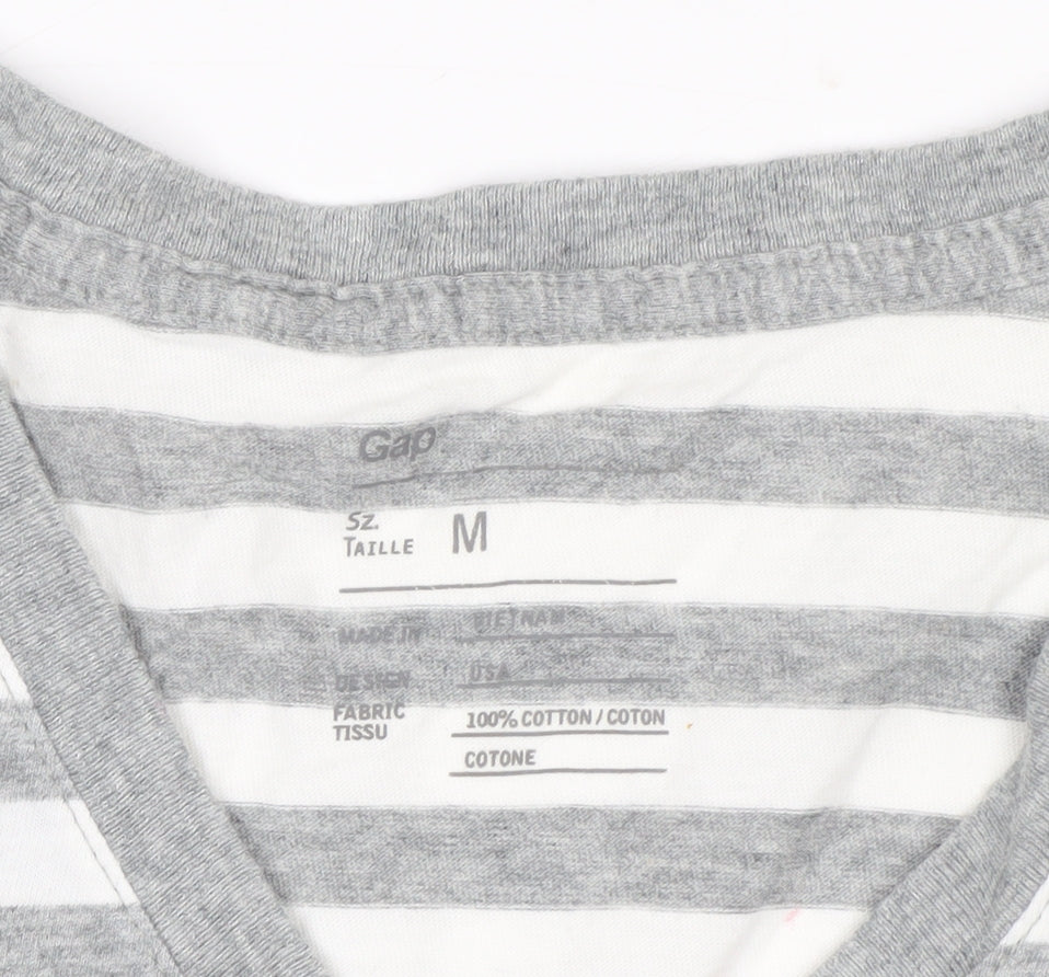 Gap Men's Grey White Striped V-Neck Cotton T-Shirt Size M