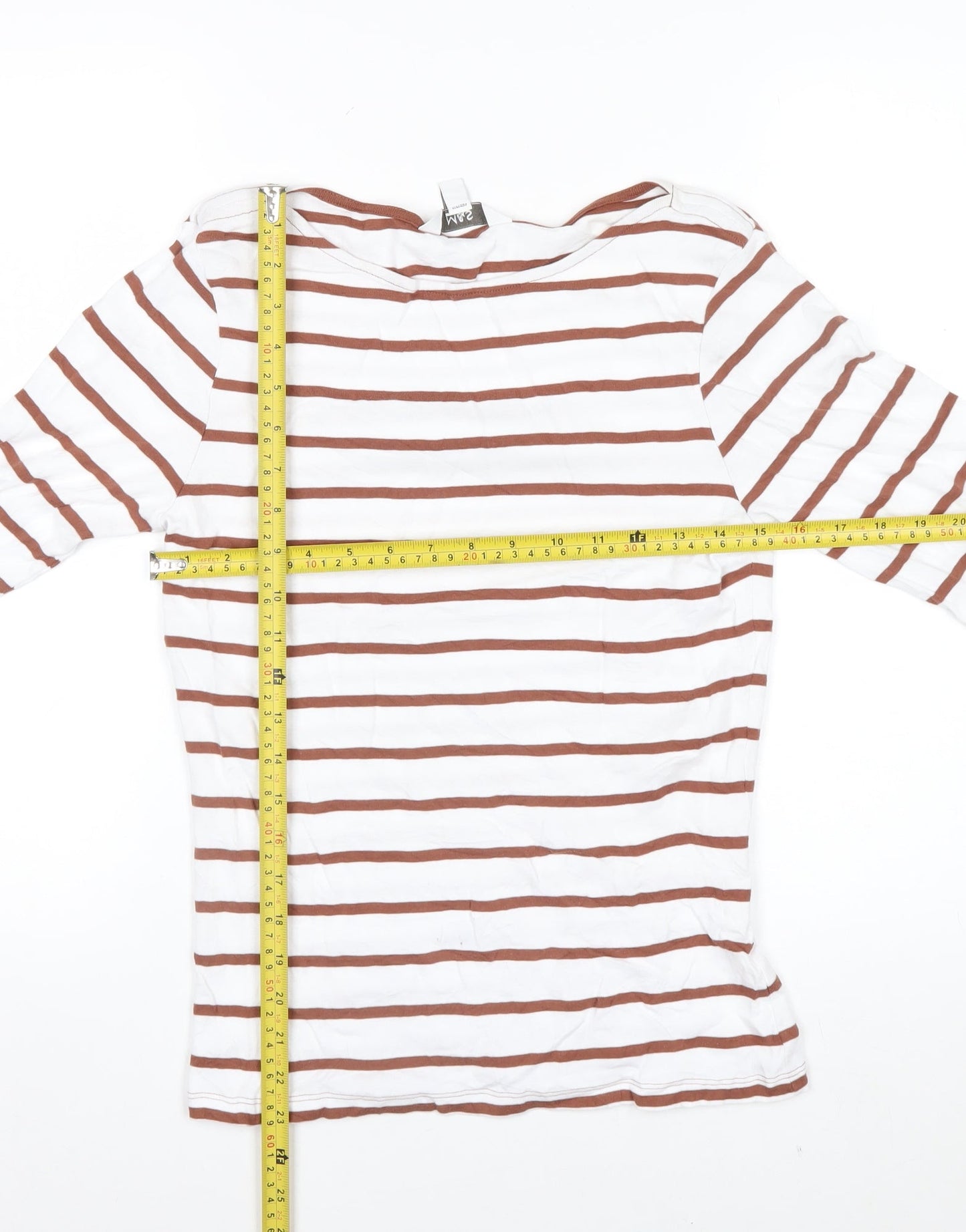 Marks and Spencer Women White Striped Long Sleeve Cotton T-Shirt Size 10