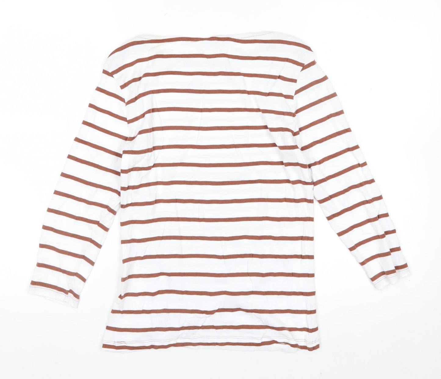 Marks and Spencer Women White Striped Long Sleeve Cotton T-Shirt Size 10