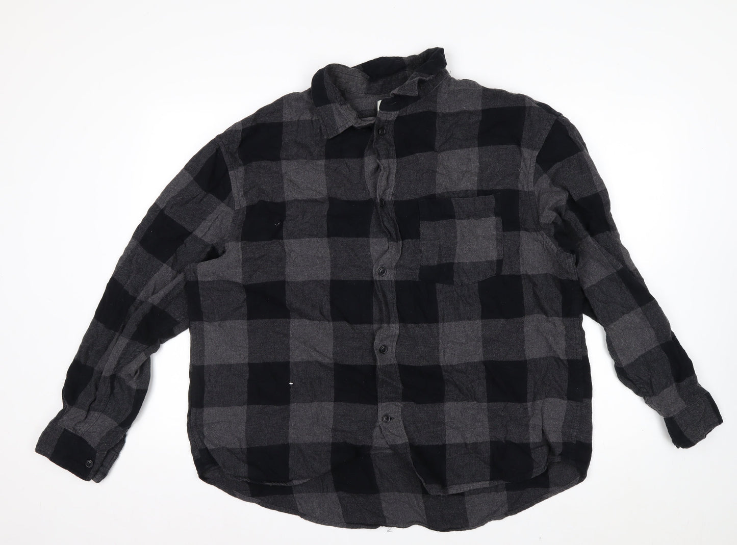 H&M Men’s Grey Black Check Cotton Button-Up Shirt XL Relaxed Fit