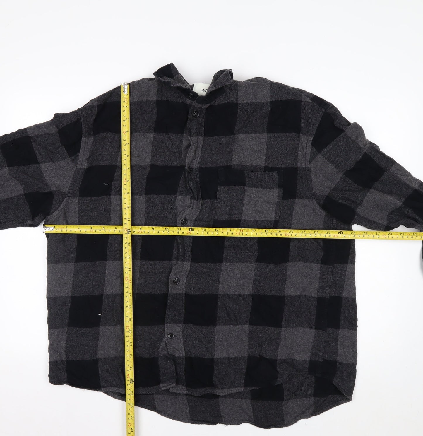 H&M Men’s Grey Black Check Cotton Button-Up Shirt XL Relaxed Fit