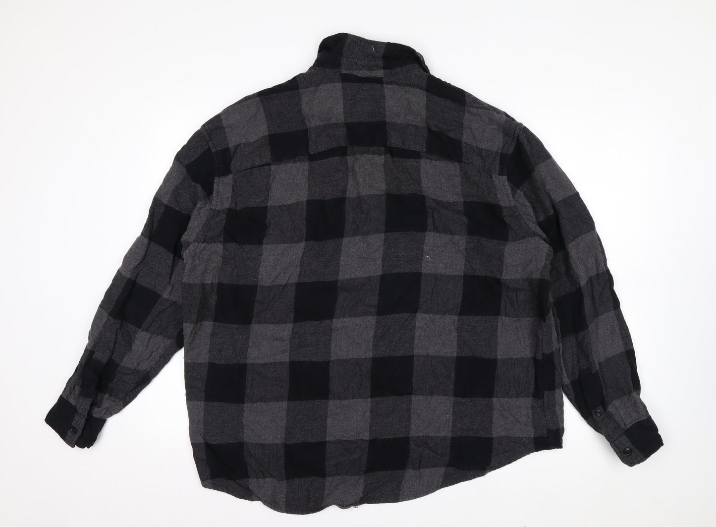 H&M Men’s Grey Black Check Cotton Button-Up Shirt XL Relaxed Fit