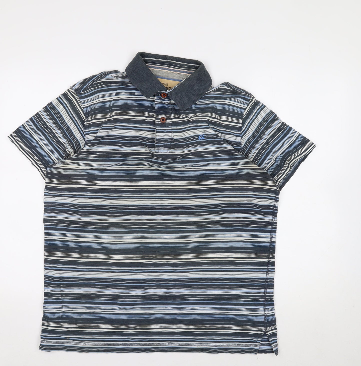Marks and Spencer Men’s Blue Striped Cotton Short Sleeve Polo M