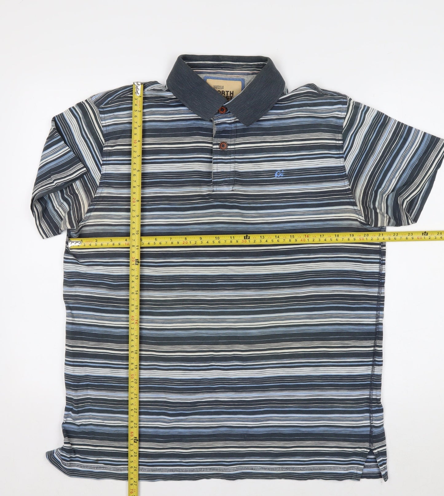 Marks and Spencer Men’s Blue Striped Cotton Short Sleeve Polo M