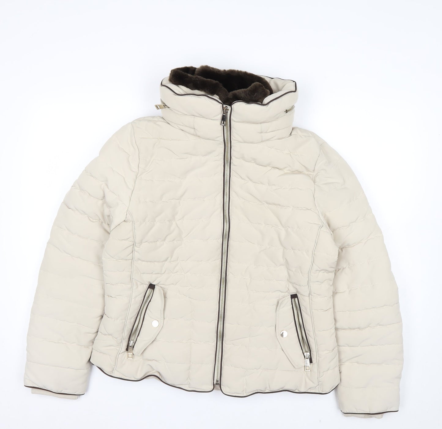 Marks and Spencer Women’s Beige Size 14 Puffer Jacket with Detachable Faux Fur Trim