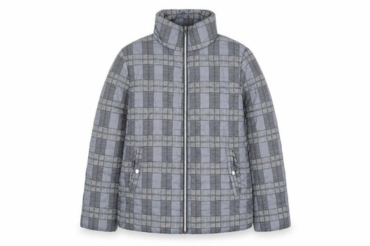Front view of Tu Woman Grey Check Puffer Jacket, size 12, Regular Fit Mid-Length