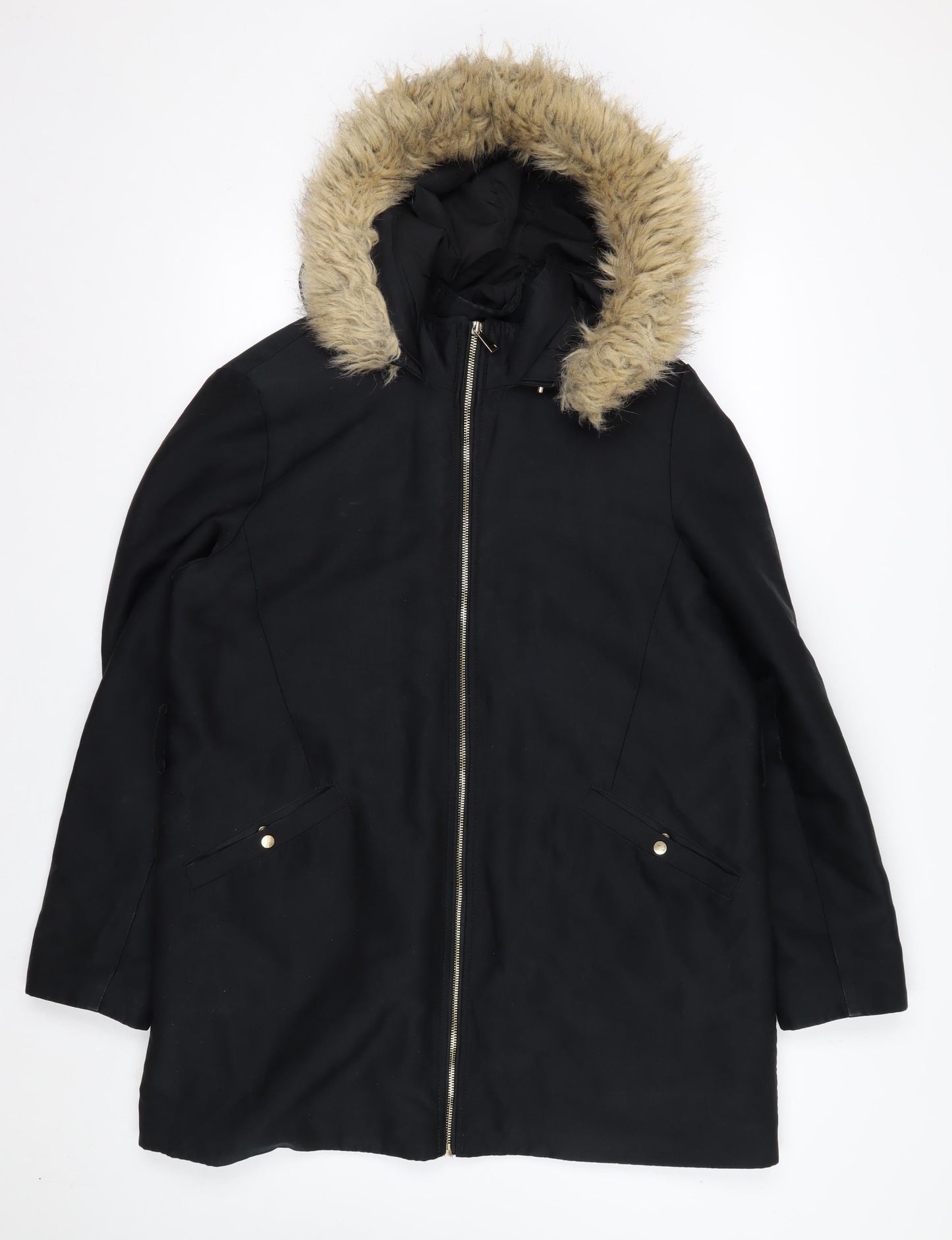 Mango Women’s Black Faux Fur Trim Parka Coat Size 16