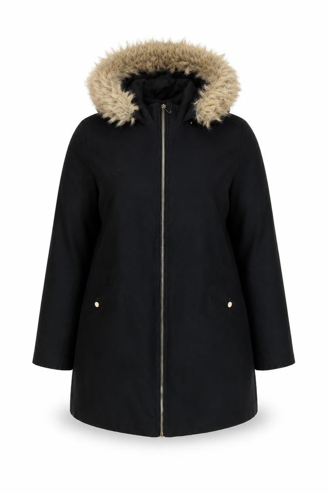 Mango Women’s Black Faux Fur Trim Parka Coat Size 16