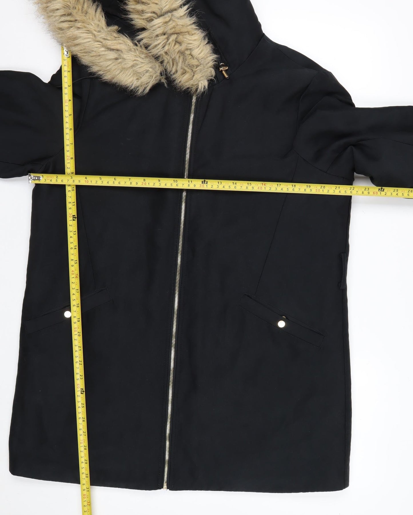Mango Women’s Black Faux Fur Trim Parka Coat Size 16