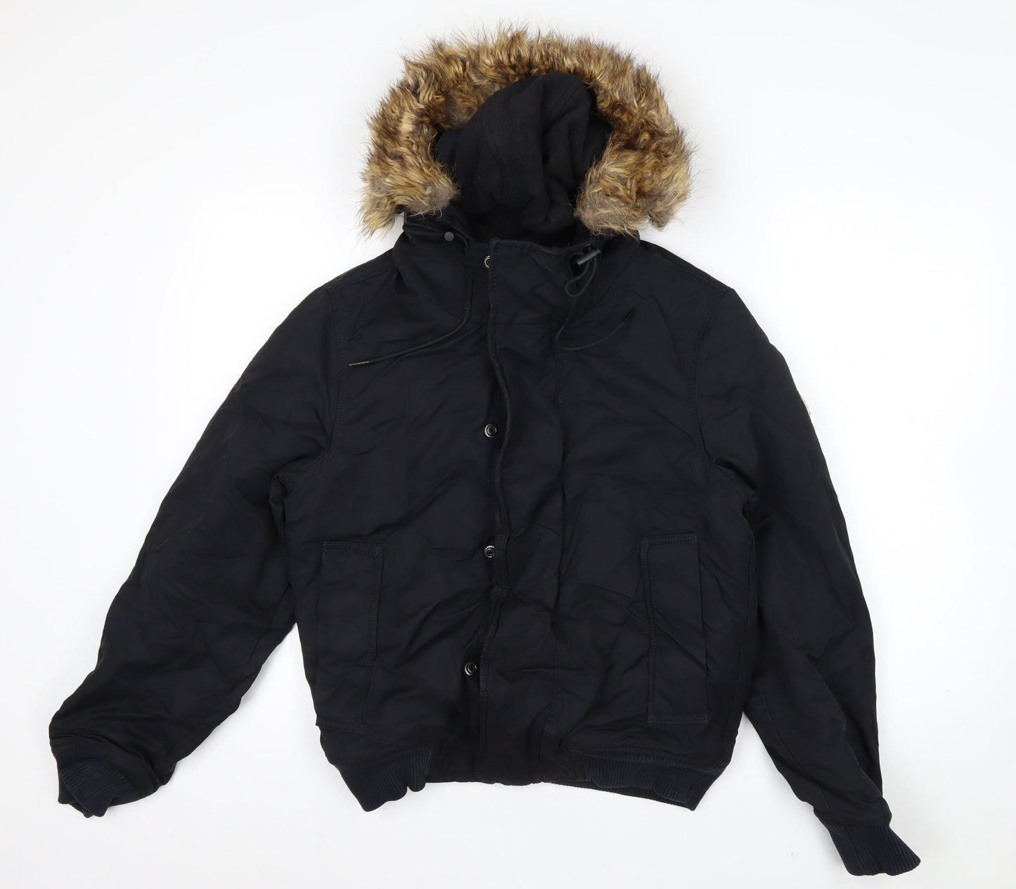 Next Men's Black XS Puffer Jacket with Faux Fur Hood Winter Coat