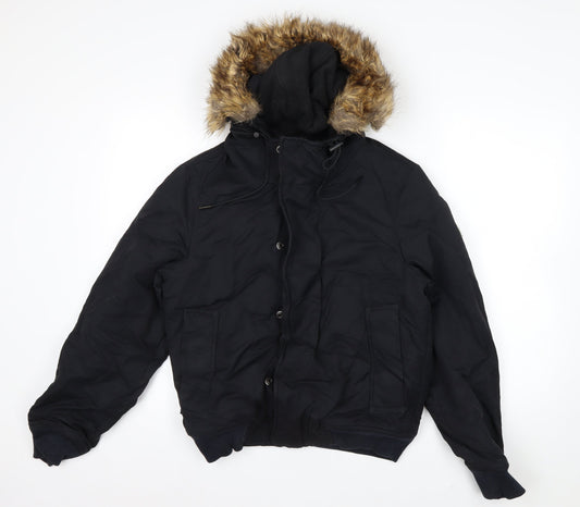 Next Men's Black XS Puffer Jacket with Faux Fur Hood Winter Coat