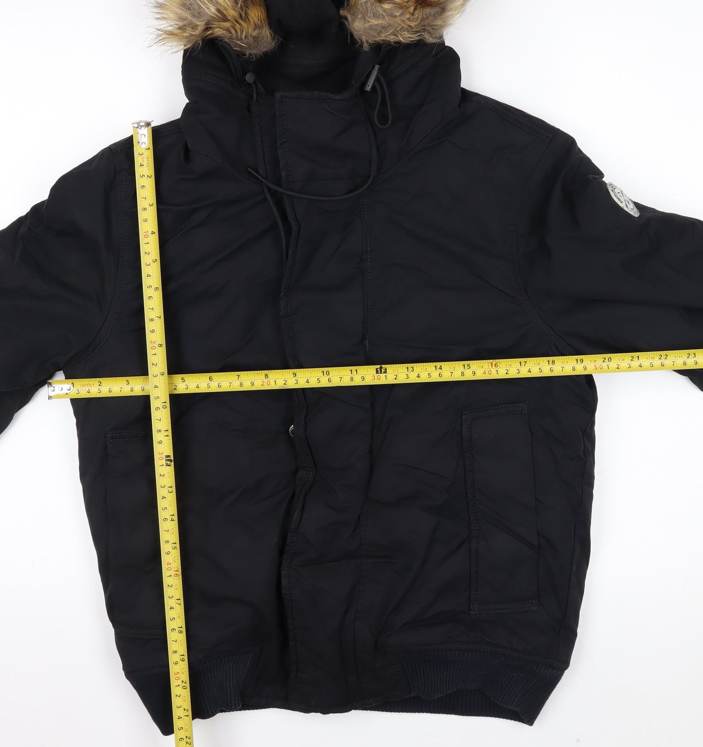 Next Men's Black XS Puffer Jacket with Faux Fur Hood Winter Coat