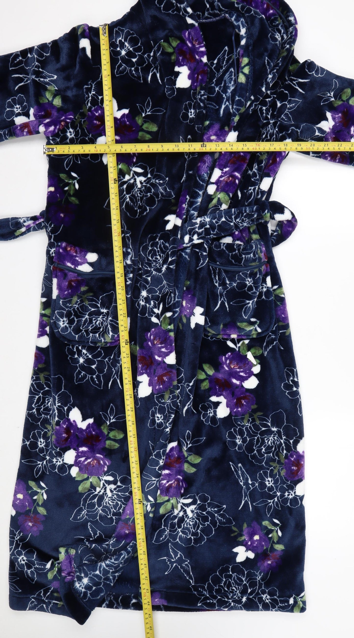 Sleepwear Womens Blue Floral Velour Hooded Robe Size S