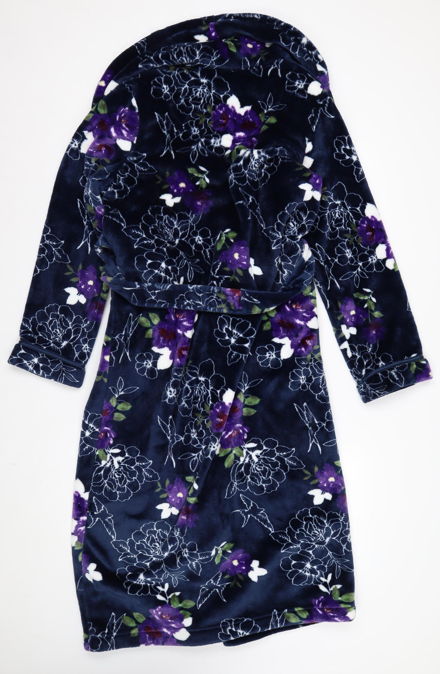 Sleepwear Womens Blue Floral Velour Hooded Robe Size S