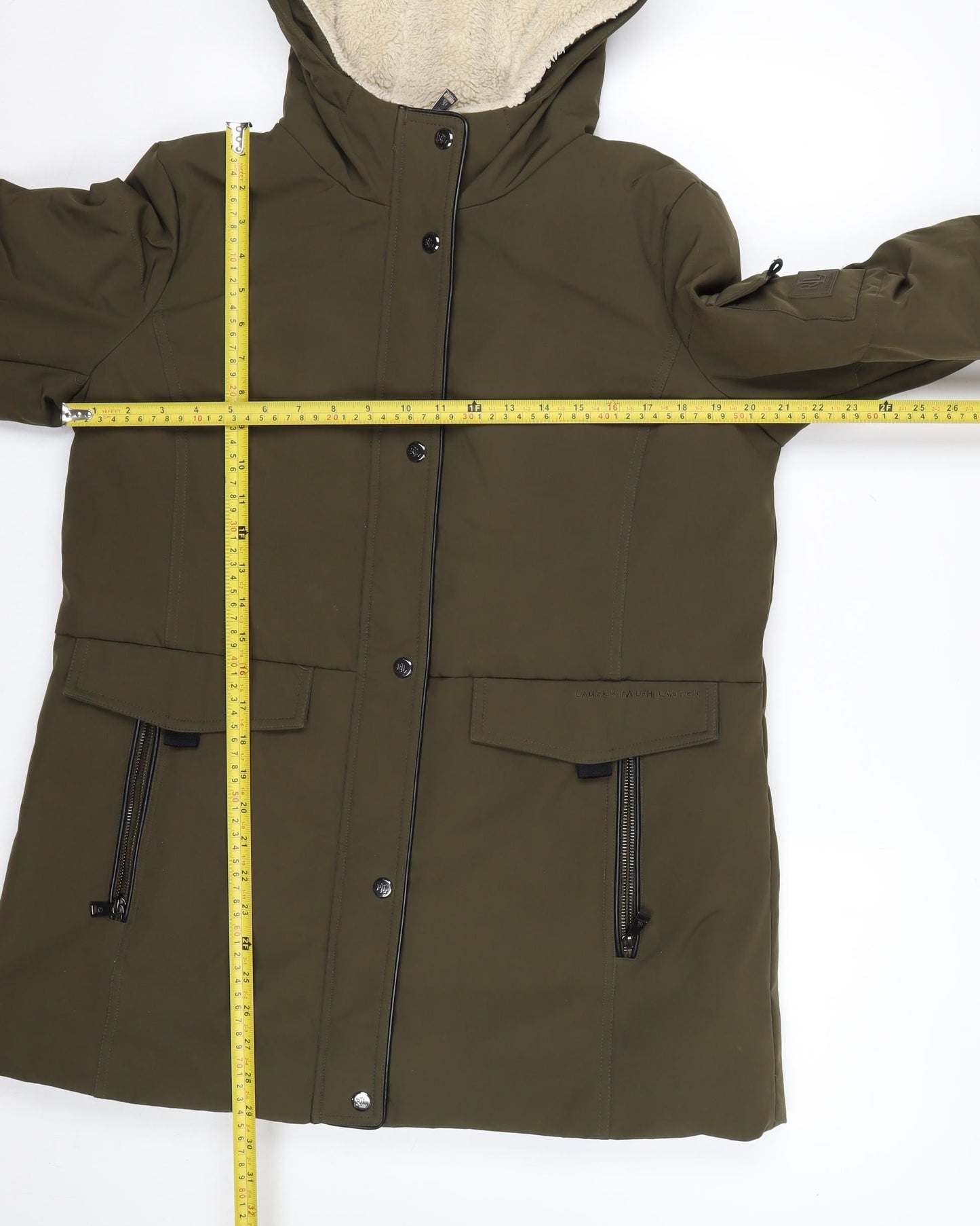 Ralph Lauren Women's Green Parka Coat Size L Hooded Long Winter Jacket