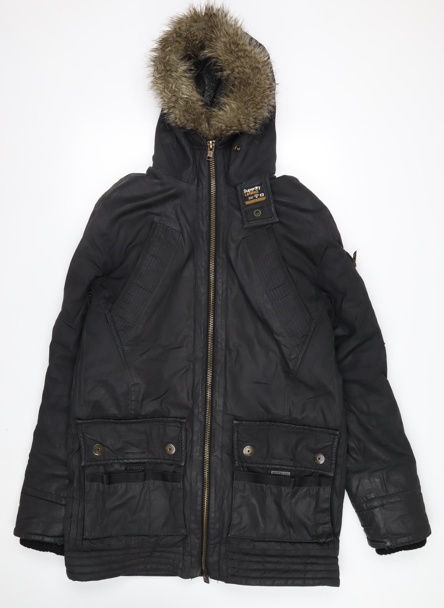 Superdry Men’s Black XL Waxed Cotton Hooded Parka Jacket
