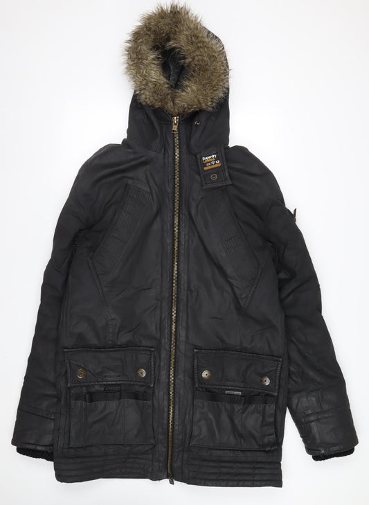 Superdry Men’s Black XL Waxed Cotton Hooded Parka Jacket