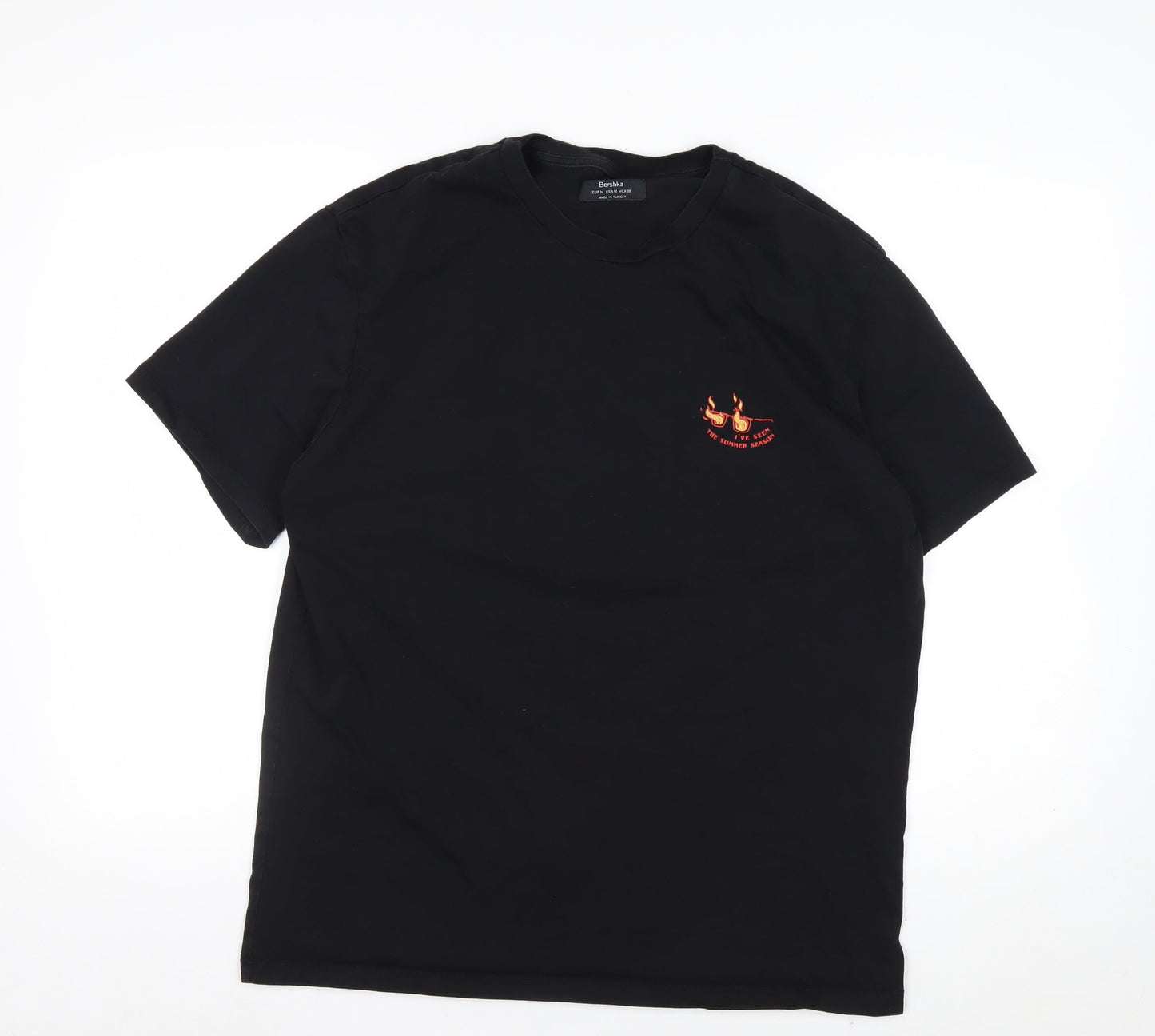 Bershka Mens Black Graphic Skull Fire Short Sleeve Cotton T-Shirt M