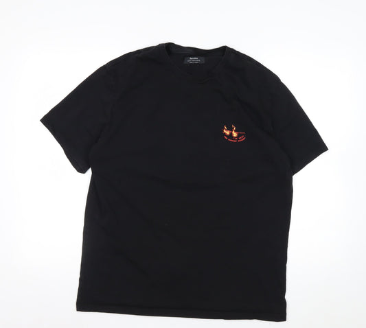 Bershka Mens Black Graphic Skull Fire Short Sleeve Cotton T-Shirt M