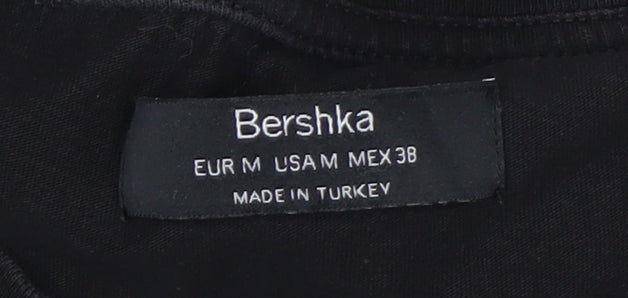 Bershka Mens Black Graphic Skull Fire Short Sleeve Cotton T-Shirt M