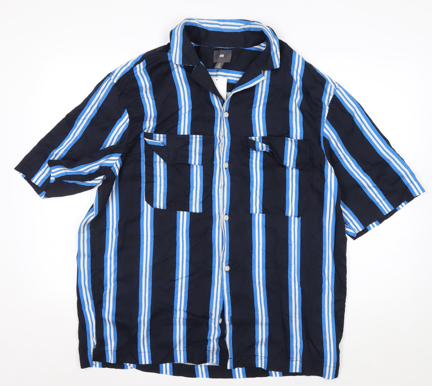 H&M Men’s Navy Blue Striped Lyocell Button-Up Shirt L