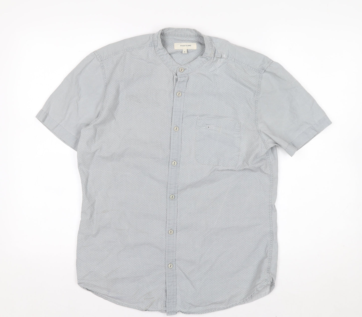 River Island Men's Grey Polka Dot Short Sleeve Band Collar Cotton Shirt S