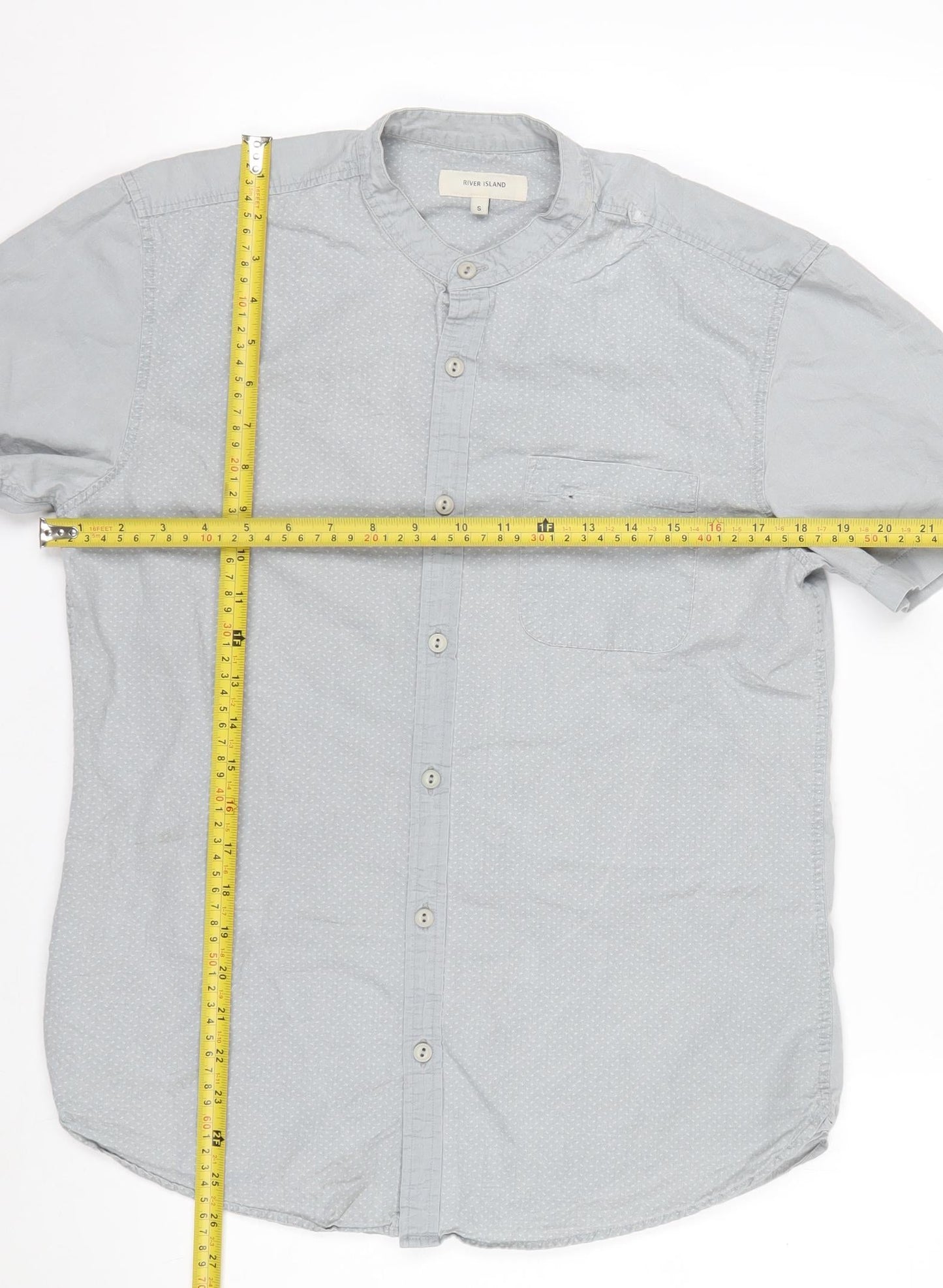 River Island Men's Grey Polka Dot Short Sleeve Band Collar Cotton Shirt S