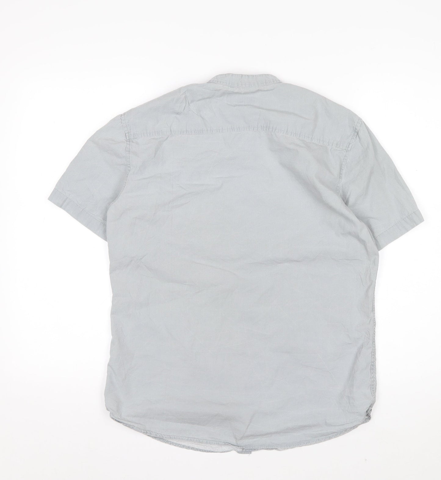 River Island Men's Grey Polka Dot Short Sleeve Band Collar Cotton Shirt S