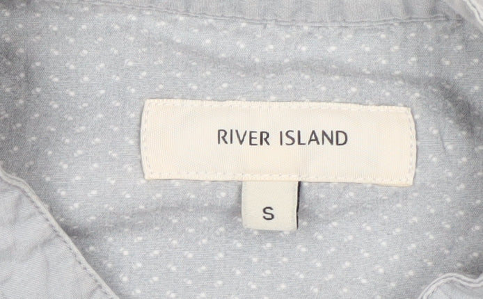 River Island Men's Grey Polka Dot Short Sleeve Band Collar Cotton Shirt S